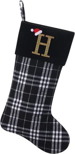 Miniatura 10 de Calcetines de Navidad personalizados con monograma inicial, adornos colgantes, medias clásicas de cuadros negros de 19 pulgadas, decoraciones