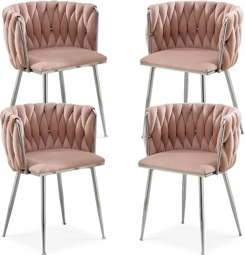 Miniatura 17 de Juego de 2 sillas de comedor de terciopelo, sillas laterales tapizadas tejidas con patas de metal plateado, Sillas de Comedor 2, sillas decorativas