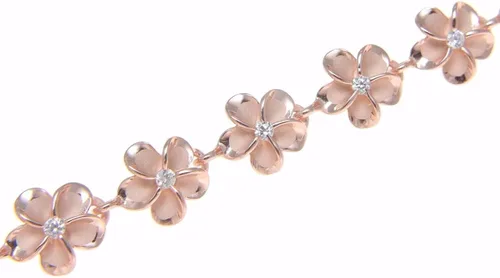 Miniatura 2 de Rosa de Oro 925Plata Hawaiian Fancy Plumeria Flor Tobillera CZ 8mm 9.5" +