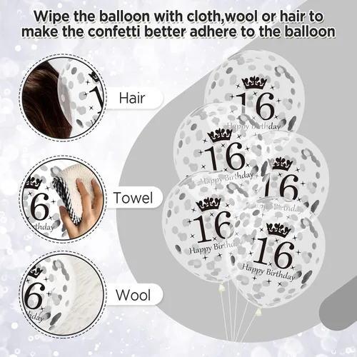 Miniatura 4 de Globos de 16 cumpleaños para decoración de niños, 15 unidades, color negro y plateado, para fiesta de feliz cumpleaños de 16 años, globos de confeti
