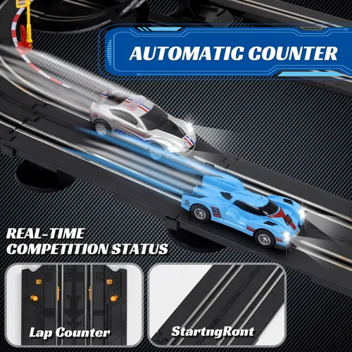 Miniatura 6 de Conjuntos de pistas de carreras de autos de ranura con 4 autos de carreras de alta velocidad, pista de carreras eléctrica de 20 pies para niños