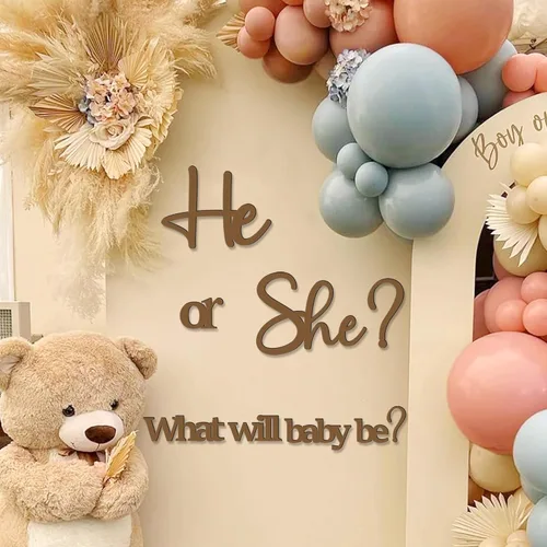 Miniatura 6 de Grandes calcomanías de revelación de género para telón de fondo, señal de baby shower de madera, ¿él o ella? ¿Qué será el bebé? Arco de globos