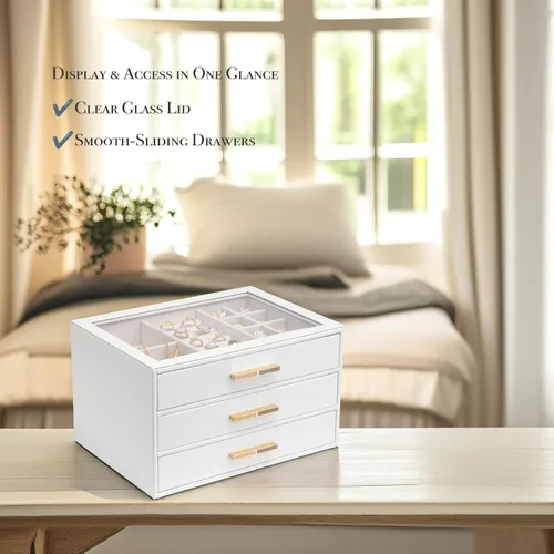 Miniatura 4 de Vlando - Joyero con 3 cajones y tapa de vidrio, organizador de cuero sintético para anillos, aretes, collares y más, estuche de joyería listo