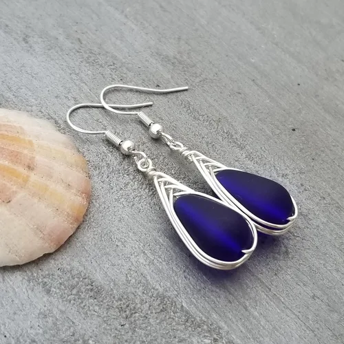 Miniatura 6 de Yinahawaii Handmade Sea Glass Earrings, Hawaiian Jewelry, Wire Braided Earrings Teardrop Earrings, Beach Jewelry Sea Glass Jewelry For Women Cobalt