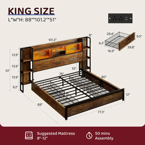Miniatura 2 de BRELTAM Base de cama tamaño King con 4 cajones de almacenamiento y cabecero con almacenamiento de estantes, marco de cama de plataforma de madera