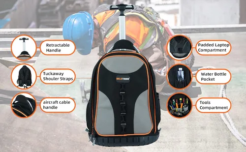 Miniatura 5 de Mochila con ruedas con ruedas, organizador de herramientas profesional de comerciante resistente con 37 bolsillos e interior grande, resistente al