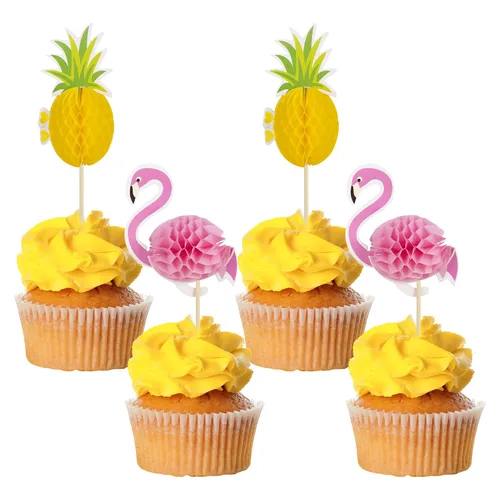 Miniatura 13 de Gyufise 1 pieza de decoración de pastel de feliz cumpleaños tropical hawaiano Luau pastel Pick Glitter Flamingo Flower Plam Leave Pineapple Cake