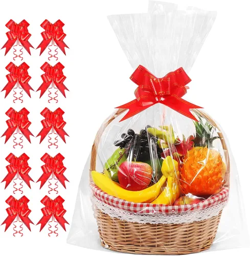 JOYIT Paquete de 10 bolsas de regalo de celofán transparente con lazos rojos, bolsas de regalo grandes de 24 x 30 pulgadas para cestas de frutas,