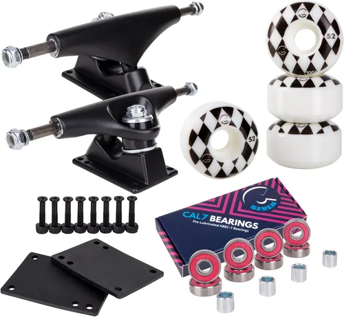 Camiones Cal 7 de 4.803 in con ruedas, cojinetes y herrajes Camión negro + ruedas Speedway blancas