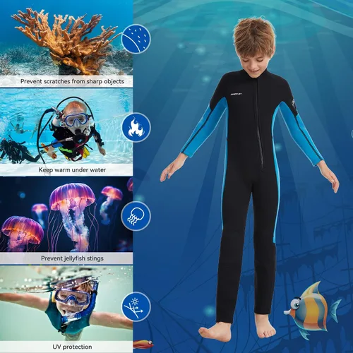 Miniatura 4 de Traje de neopreno de cuerpo completo de 0.118 pulgadas para niños y niñas, ideal para agua fría, cremallera frontal para buceo, esnórquel, surf, Azul