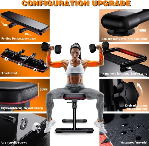 Miniatura 6 de Banco de pesas plegable con asa de transporte plana para entrenamiento en casa, banco de fitness multiusos Rojo