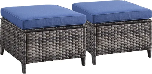 Miniatura 10 de Belord Juego de 2 taburetes otomanos de mimbre de ratán para todo tipo de clima, con cojines suaves para muebles de patio Cojín de mimbre gris