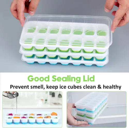 Miniatura 2 de Bandeja de silicona para cubitos de hielo, paquete de 8 bandejas de 14 cubitos de hielo flexibles y de fácil liberación con tapa extraíble
