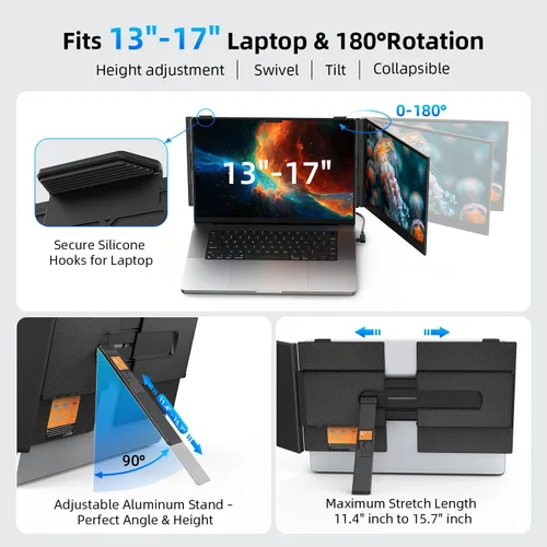 Miniatura 7 de Extensor de pantalla dual para laptop de 14 pulgadas con 1.3 libras, monitor portátil ultrafino para laptop Plug & Play, monitor extendido FHD 1080P