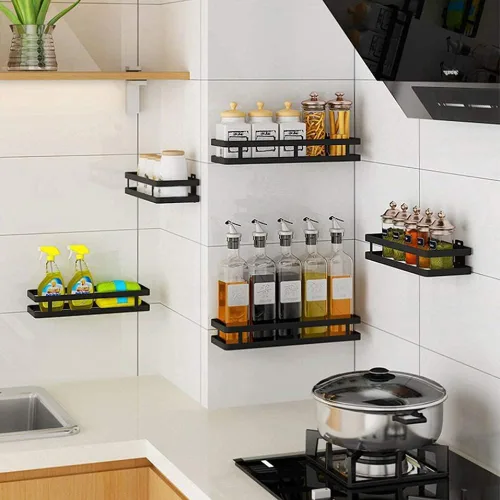 Miniatura 6 de qiuqiu Estante de almacenamiento de acero inoxidable montado en la pared, estante flotante negro, estante de especias para cocina, baño con varios