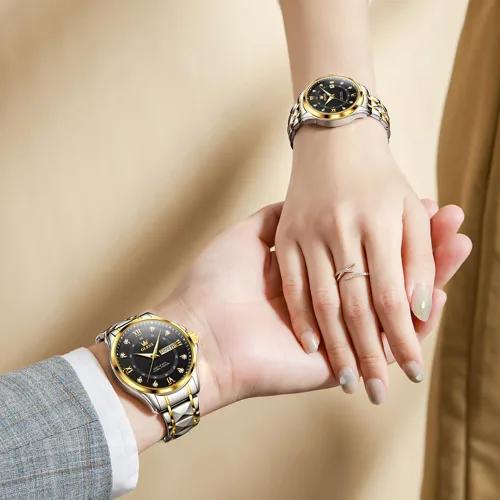Miniatura 23 de OLEVS Reloj para parejas para él y ella, reloj analógico de cuarzo para hombres y mujeres, de acero inoxidable, impermeable, luminoso, fecha, reloj