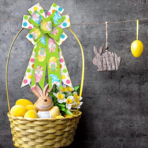 Miniatura 4 de Estivaux Arcos grandes de Pascua para corona, lazos de corona de Pascua, lazos de arpillera verde y blanco, huevos, lunares, conejos, gnomos, arcos