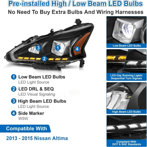 Miniatura 5 de Conjunto de faros delanteros con proyector 500% más brillante para 2013-2015 13-15 Altima con DRL LED, luz de giro secuencial 2013 2014 2015 13 14