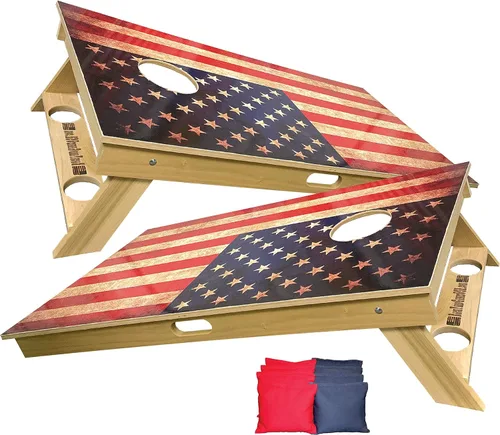 Miniatura 5 de Serie American Flag – Tablas de cornhole prémium con portavasos y un asa, incluye 2 tablas de cornhole regulables de 4 x 2 pies con madera
