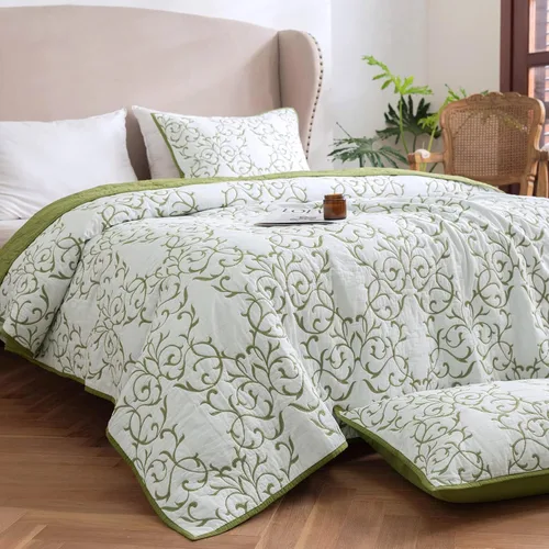 Miniatura 3 de Mixinni - Juego de edredón reversible de reina de 3 piezas con patrón de bordado verde elegante 1 - Patrón # Verde