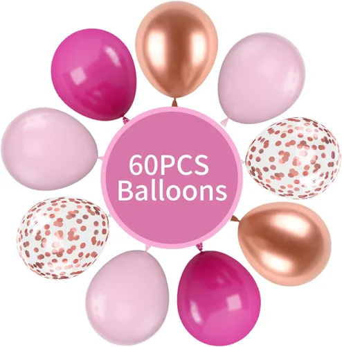 Miniatura 3 de Globos de color rosa intenso y oro rosa, 60 globos rosa pastel, globos de confeti de oro rosa metálico de 12 pulgadas, globo de látex rojo rosa