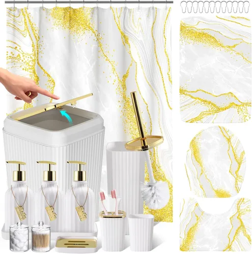 Miniatura 51 de 21PCS Bathroom Sets with Shower Curtain and Rugs Bathroom Accessories Set Beige Bathroom Set Complete with Trash Can, Toilet Brush, Qtip Holder &