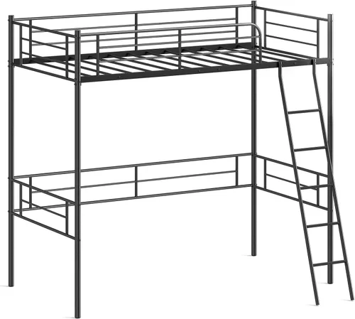 Miniatura 9 de KOMFOTT Cama tipo loft de metal tamaño individual, base de cama alta con escalera, barandilla de seguridad, litera loft que ahorra espacio
