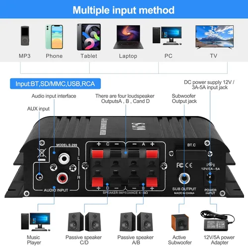 Miniatura 7 de Amplificador de potencia de audio para altavoces domésticos -S-299 Bluetooth 5.0 amplificador de potencia 4.1 canales RMS 40Wx4 Subwoofer AMP DC