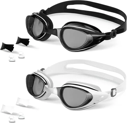 Gafas de natación, paquete de 2 gafas de natación antivaho, anti-UV, sin fugas, adultos, hombres, mujeres y jóvenes Negro+Blanco