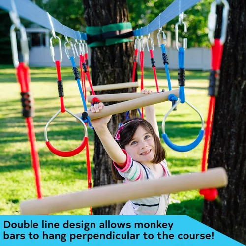 Miniatura 3 de Double Ninja Slackline - Carrera de obstáculos para niños, línea de 110 pies, equipo de juegos de barras de mono, carrera de obstáculos Ninja
