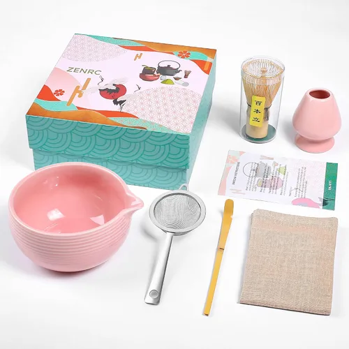 ZENRC Ceremony - Kit de matcha rosa – Batidor tradicional de bambú (Chasen) Scoop (Chashaku) Chawan Bowl con boquilla de vertido, soporte para Rosa