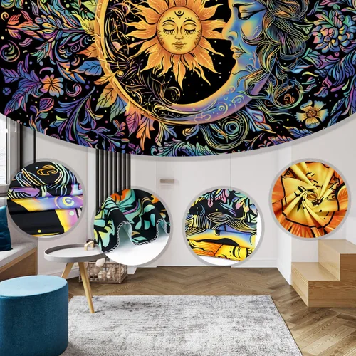 Miniatura 5 de Tapiz de sol y luna, psicodélico, místico, floral, hippie, bohemio, flores, tapices de pared, tapices estéticos vintage para colgar en la pared