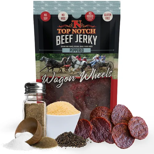 Miniatura 11 de Top Notch Wagon Wheels Jerky – Snacks altos en proteínas para niños y adultos hechos de carne de res criada localmente – Rondas sabrosas de carne