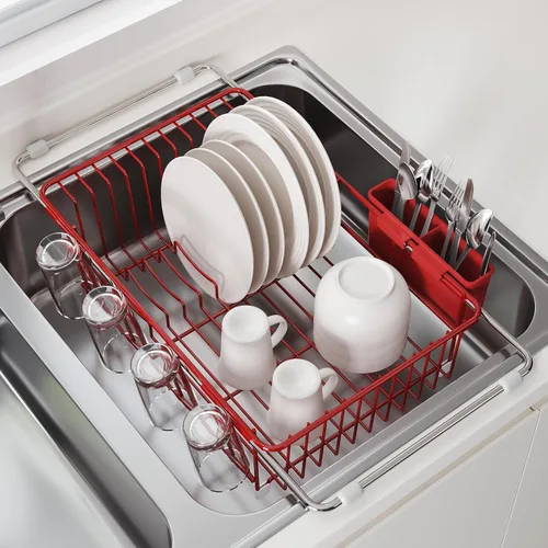 Miniatura 13 de JASIWAY - Escurridor extensible de acero inoxidable para usar sobre fregadero, encimera de cocina y dentro del fregadero, con portautensilios