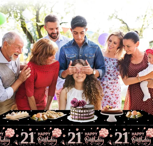 Miniatura 5 de Paquete de 3 manteles de color oro rosa para cumpleaños número 21 para mujeres y niñas, mantel temático de feliz cumpleaños 21, suministros