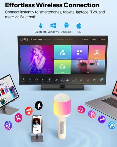 Miniatura 4 de Micrófono de karaoke inalámbrico Bluetooth con luces dinámicas, micrófono de mano portátil, 6 efectos de sonido, batería de 10 horas, perfecto