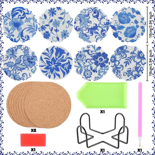 Miniatura 2 de Juego de posavasos con diseño de diamantes de flores azules, posavasos de diamante acrílico 5D con base de corcho y soporte para adultos, 8