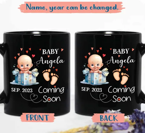 Miniatura 2 de Baby Coming Soon - Taza de café negra de 11 onzas y 15 onzas, taza de café personalizada para papá con nombre, taza de café de cerámica con anuncio