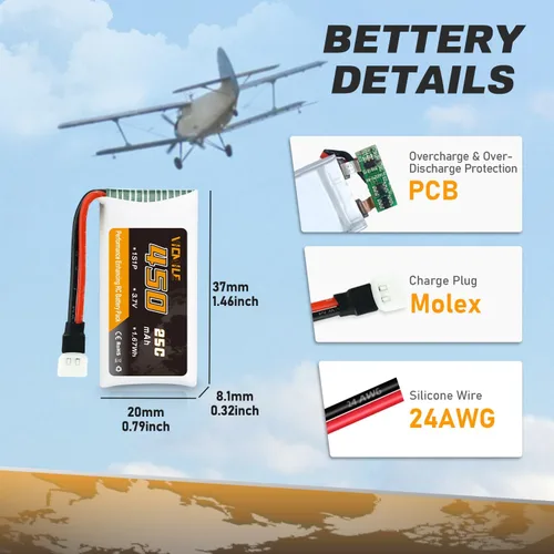 Miniatura 3 de 3.7V Lipo Batería 450mAh Alta Capacidad 25C RC Molex Drone Batería con 5-en-1 Cargador para SYMA Q11 AT-96 TR-C385 TR-P51 TR-F22 H99W H31 H6C H98