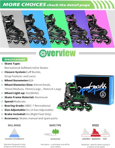 Miniatura 7 de 2PM SPORTS Patines en línea para niños y niñas, niños de 5 a 8 a 12 años, 4 a 6, 6 a 12 años, con ruedas iluminadas, cuchillas ajustables para Verde