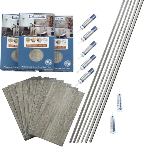 Kit envolvente de ducha y bañera de azulejos de vinilo entrelazados impermeables Palisade en tierra griega de 25.6 x 14.8 pulgadas