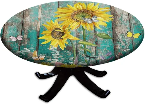 Miniatura 38 de Mantel ajustable con diseño de girasol redondo, borde elástico amarillo, mantel de poliéster para interiores y exteriores, fiesta, cena, patio