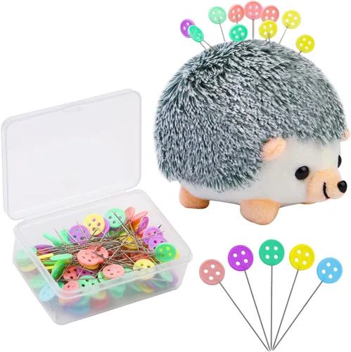 Fteven - Kit de alfileres de cabeza plana con pincel de erizo, gran alfiletero con caja de almacenamiento transparente y alfileres para acolchado,
