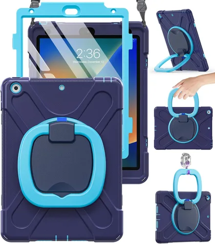 BRAECN Funda para iPad de 9ª/8ª/7ª generación, resistente funda de silicona apta para niños con soporte plegable/asa para lápices, correa de hombro,