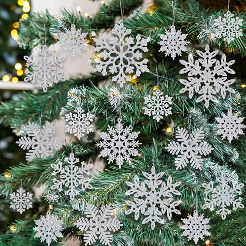 Miniatura 9 de 49 piezas de adornos de Navidad, decoraciones de copo de nieve en oferta - Adornos de Navidad azules con purpurina, copos de nieve colgantes