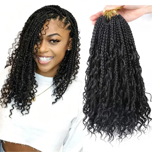 Miniatura 27 de LMZIM 18 Pulgadas Trenzas de Caja Bohemias 8 Paquetes Trenzas de Caja de Diosa Bohemia Cabello de Ganchillo con Puntas Rizadas Cabello de Ganchillo