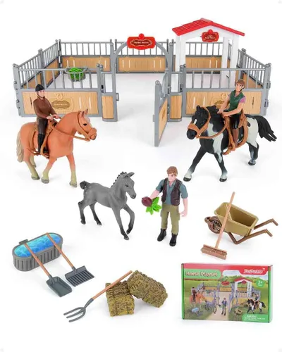 Juego de establo de caballos, regalos de caballo para niñas y niños con 3 caballos y 2 jinetes, juego de juguetes de caballos de animales de granja