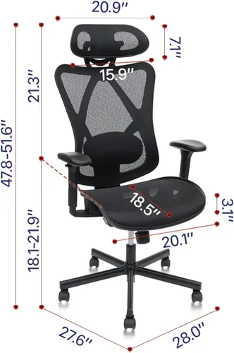 Miniatura 3 de Silla de oficina de malla ergonómica, silla de escritorio de altura ajustable, respaldo alto, silla de oficina de malla con patas de rueda, soporte