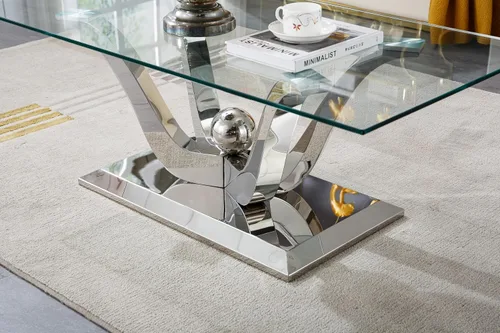 Miniatura 14 de Mesa de centro de cristal de lujo, mesa de centro de sofá de 47 pulgadas con marco de acero inoxidable dorado y parte superior de vidrio negro, mesa