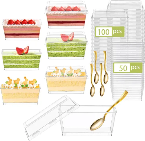 DI QIU REN Paquete de 150 tazas de postre de plástico de 5 onzas con mini cucharas doradas y tapas, tazas de yogur transparente para parfait sirven
